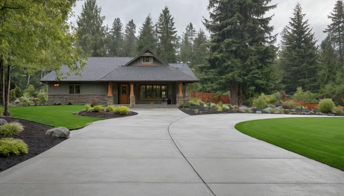 A freshly poured concrete driveway beside a wood-frame home in the Seattle area on a soft, overcast day
